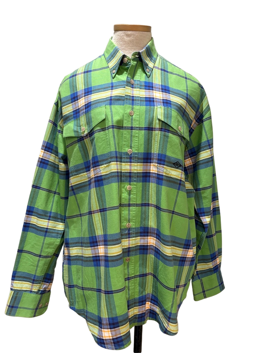 Roper sz M/L green and blue plaid western cowboy button down shirt